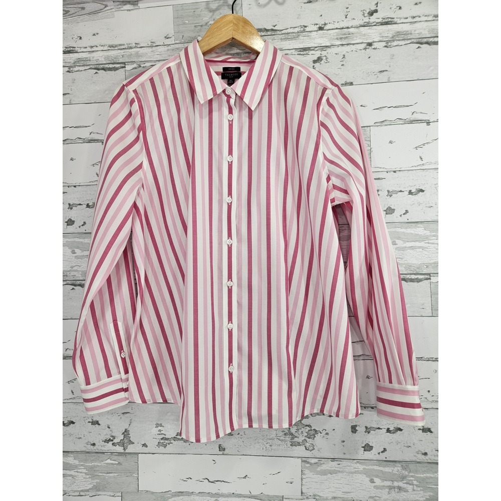 Talbots Petite Non-Iron Button Down Shirt Pink White Striped Cotton 16P